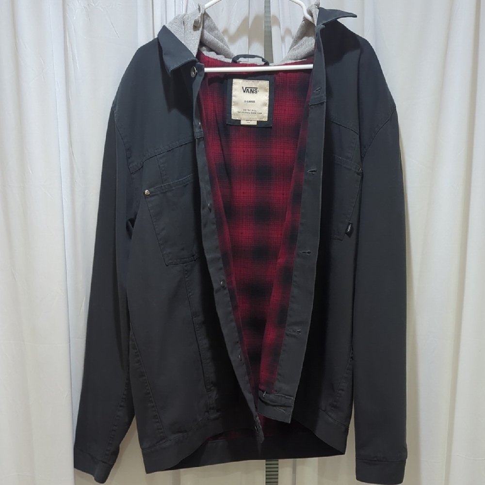 Vans Men's Charcoal Jacket with Plaid Red Lining. Size X-large